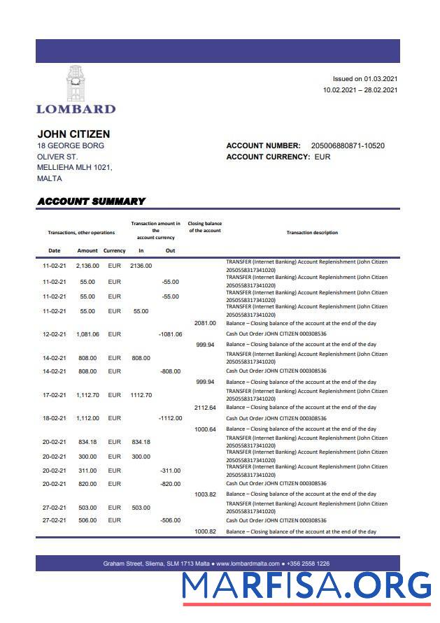 Printable Malta Lombard Bank Malta p.l.c. bank statement excel download for verification